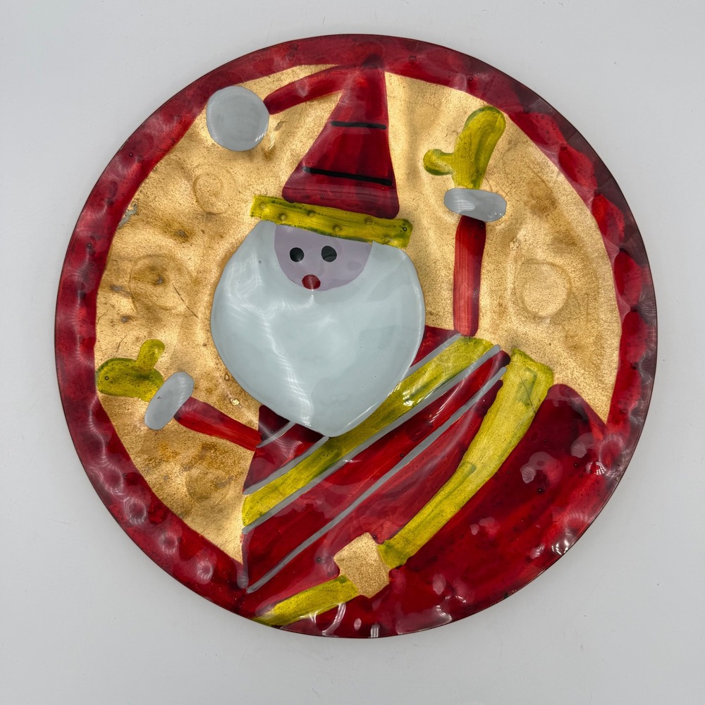 Cracker Barrel Plaid‎ Tidings Glass Santa Plate Christmas Serveware Red Gold NIB